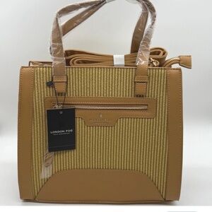 London Fog Mia Textured Woven Zip Bag Tan Satchel Handbag Purse NWT